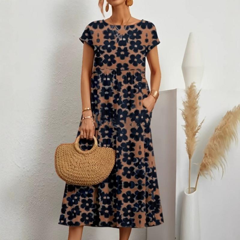 Cotton Linen Floral Print Summer Dress With Round Neck For Women