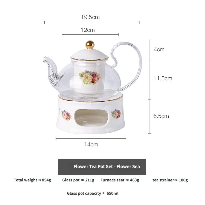Легкий роскошный британский послеобеденный чайный сервиз со стеклянным цветочным чайником, керамической печью, подогревом свечей, заварочным чайником для замачивания фруктов