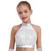 Girls Sleeveless Mock Neck Dance Crop Top Glitter Sequin Patchwork Keyhole Back Design Performance Top