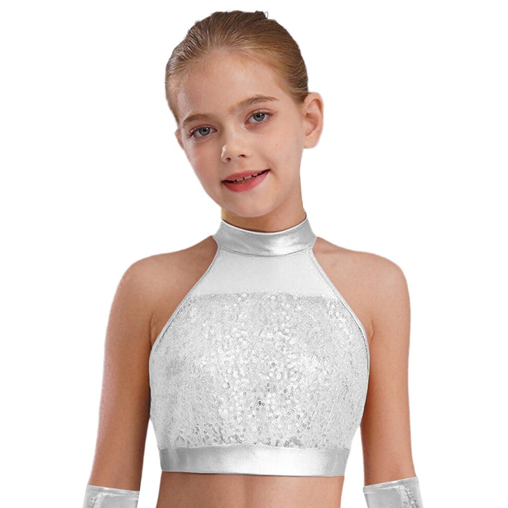 Girls Sleeveless Mock Neck Dance Crop Top Glitter Sequin Patchwork Keyhole Back Design Performance Top