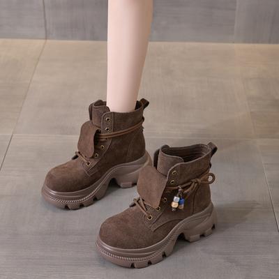 2025 осень и зима новые ботинки Мартин на толстой подошве с увеличением высоты женские ботинки в британском стиле на шнуровке модные рыцарские ботинки женские ботинки высокая ценность