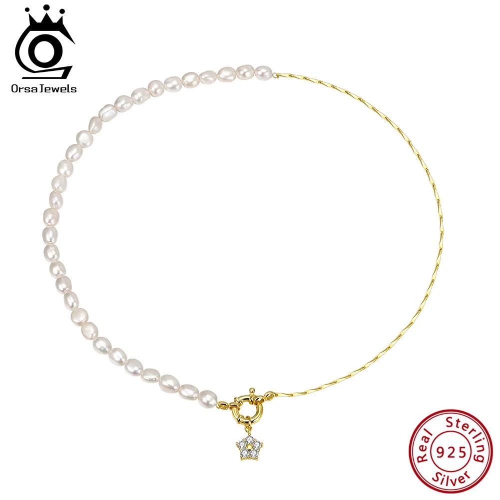 ORSA JEWELS Уникальное колье-чокер из стерлингового серебра 925 пробы с натуральным жемчугом и цирконами, винтажное звеньевое колье для женщин, цепочка, ювелирное изделие GPN92