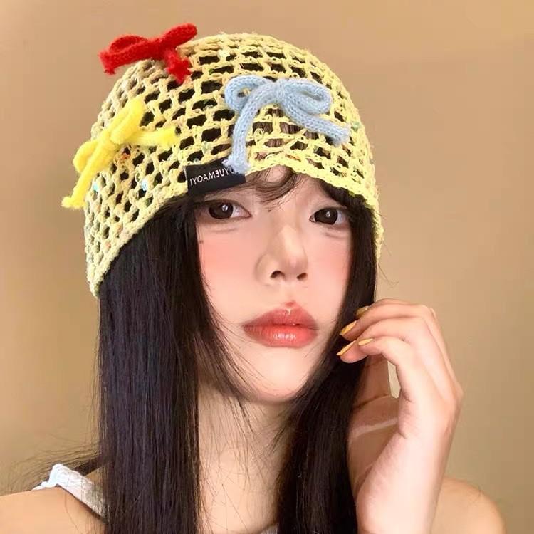 Korean Bow Sequin Knit Headband Hat for Women: Fashionable Fishnet Wool Cover