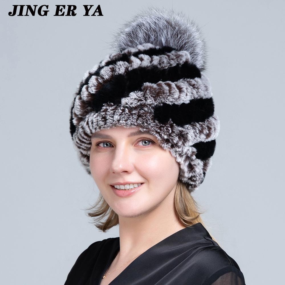 Вязаные шапки с помпоном для женщин, шапочки, однотонные эластичные шапки из меха кролика рекс, зимняя шапка Skullies, модные шапки из натурального меха