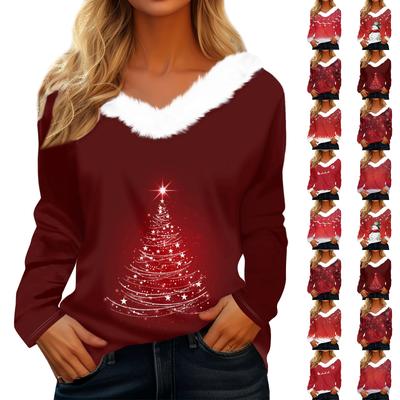 Женский свободный удобный повседневный и модный топ с V-образным вырезом и длинными рукавами с рождественским узором