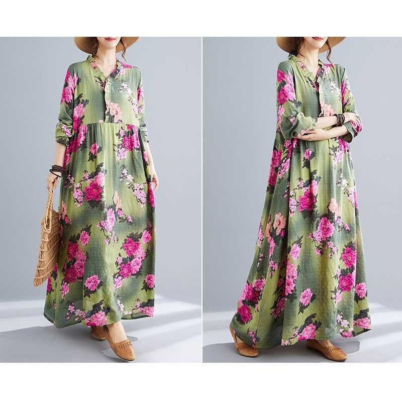 Bohemian Printed Loose Long Sleeve Hem Long Dresses