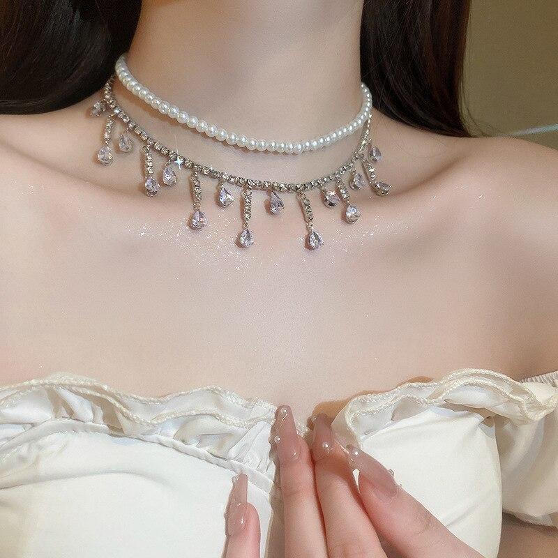 Модные блестящие циркониевые колье-чокеры для женщин, многослойное ожерелье-цепочка с искусственным жемчугом для вечеринки, свадебные украшения