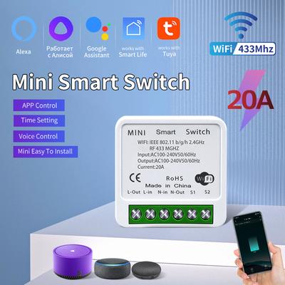 20A Tuya WiFi Mini DIY Smart Switch Module 2-стороннее управление 433 МГц Работает с приложением Tuya Smart Life Alexa Google Home Voice Control