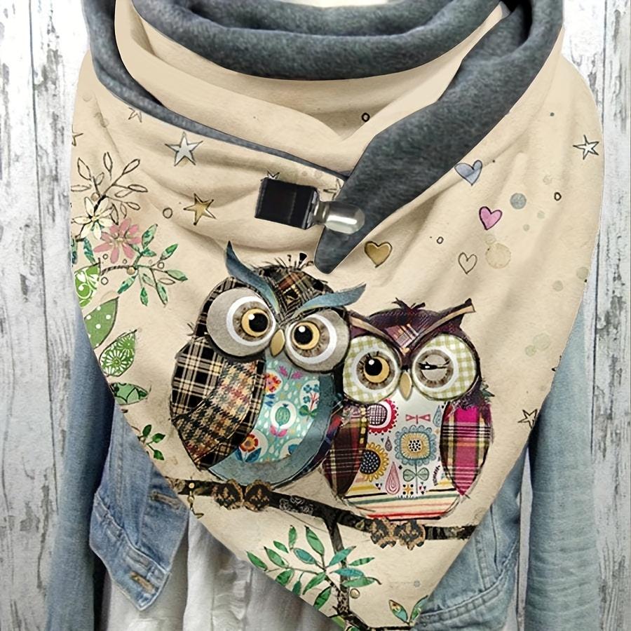 Women's Casual Warm Owl Print Triangle Scarf - 100% Polyester, Elastic, Windproof - Decorative Animal Pattern Shawl Wrap for Weekend Wear