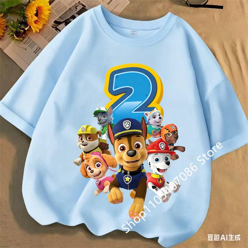 2026 Paw Patrol Children Clothes Birthday Number 1-9 T-Shirts Cartoon Printed T Shirt Boys Girls Short Sleeves Summer Clothing
