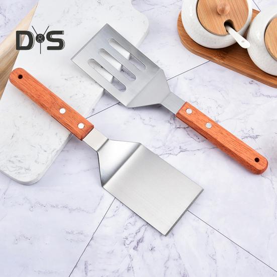 Набор из нержавеющей стали для жарки с деревянной ручкой, жаропрочные твердые лопатки с антипригарным покрытием, прорезные лопатки для жарки, выпечки, переворачивания и переворачивания