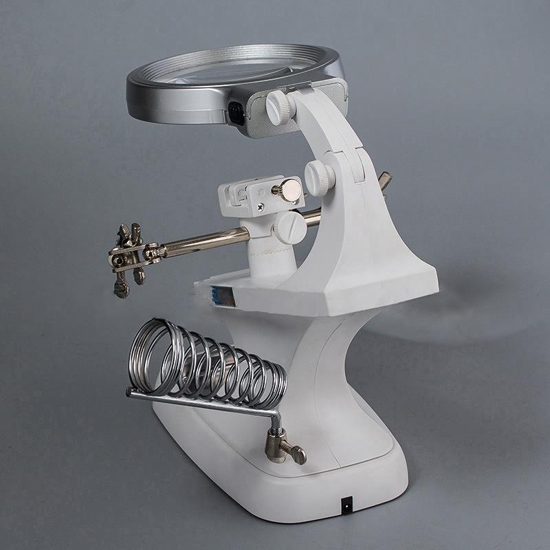 3 ручных паяльника, подставка, сварочный инструмент с увеличительным стеклом, светодиодной подсветкой, зажим типа «крокодил», зажим, помогает в ремонте