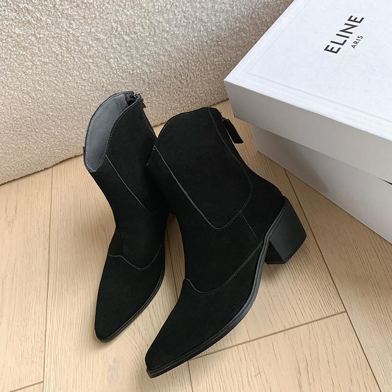 Мода 2025 Осень Замша Коровья Женская Обувь Острый Носок Массивный Каблук Сапоги для Женщин Модные Короткие Сапоги Зимние Сапоги Женские Западные туфли