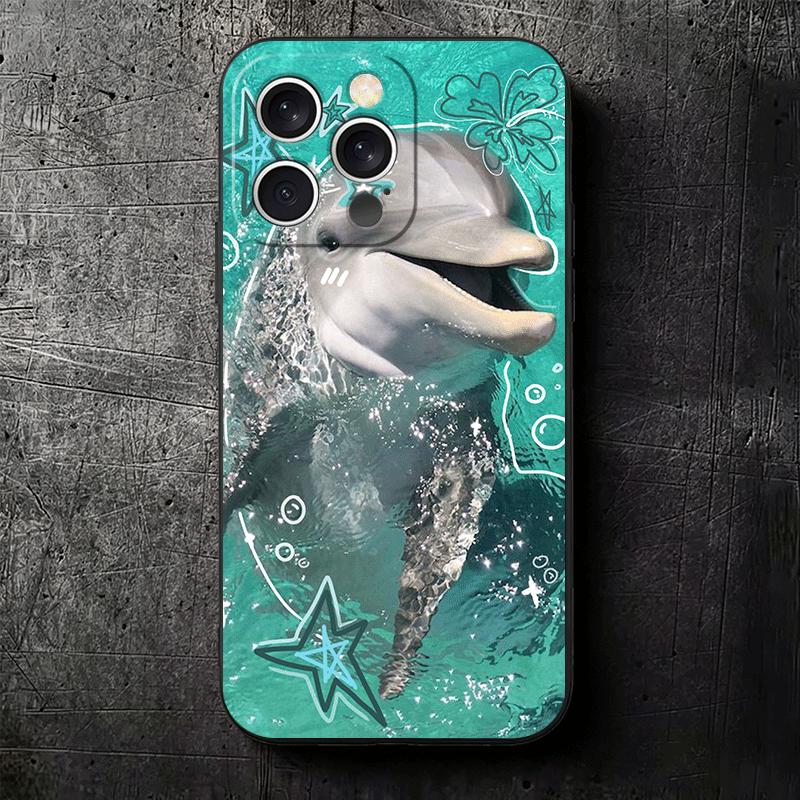 Милый Дельфин из Океана Мягкий Чехол для Телефона для iPhone 16 16E 17 Air 15 Pro Max 14 Plus 13 Mini 11 12 7 Черный Чехол Задняя Панель