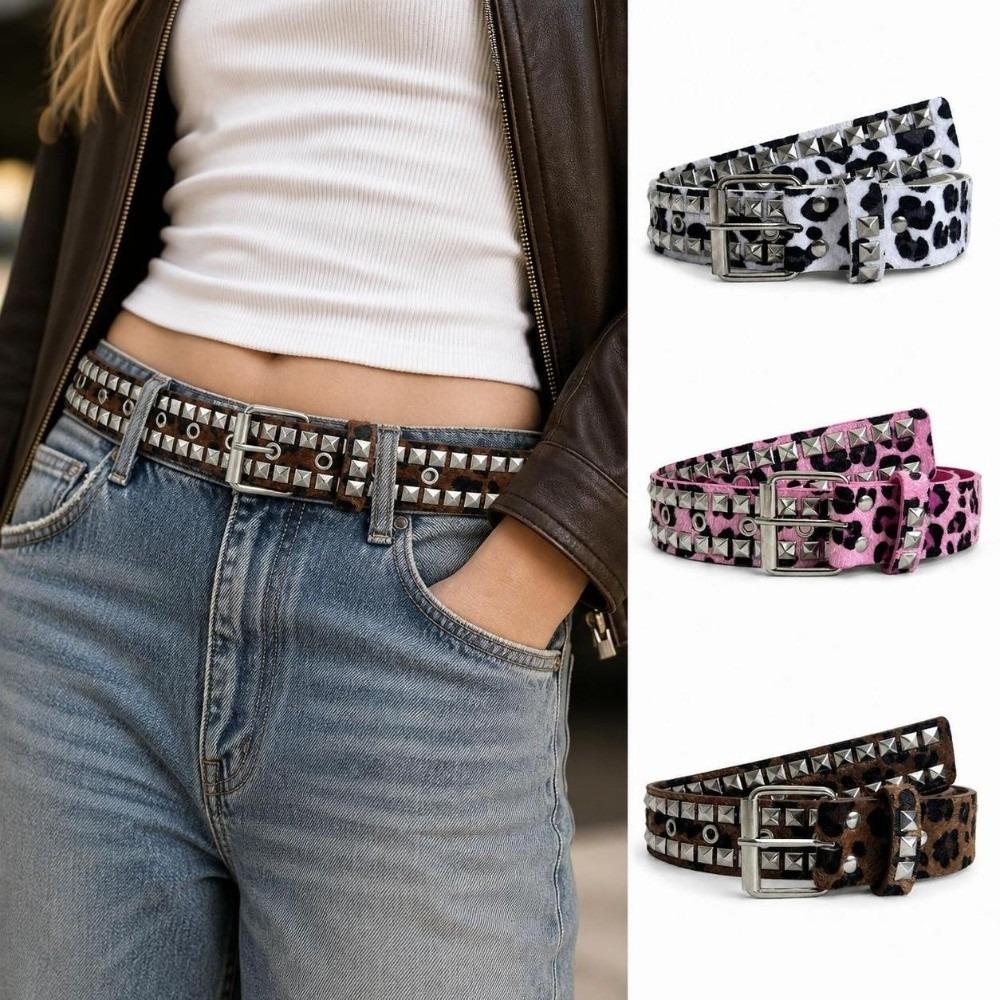 Adjustable Studded Punk Belt Pin Buckle PU Leather Belt Bohemian Leopard Print Belt  For Women Men