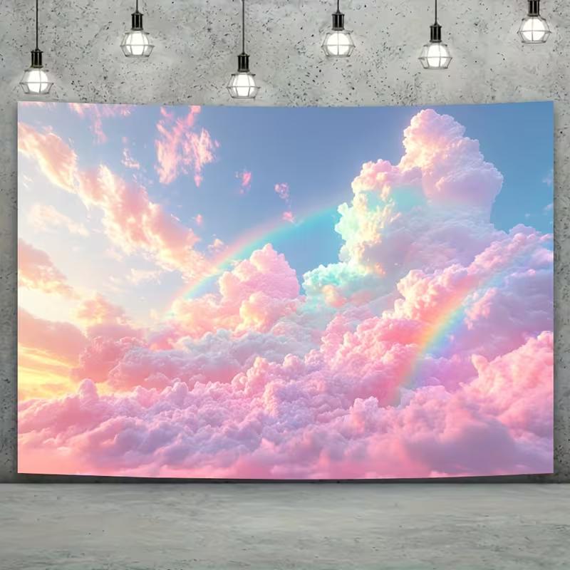 2D Fluffy Pink Cloud Tapestry, Rainbow Pastel Sky Photography Background