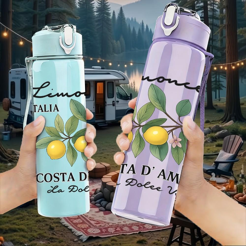 1PC Amalfi Lemon Text 750ml Color Plastic Sports Water Bottle Leakproof Flip Straw Lid Suitable for Sports Office Home Use
