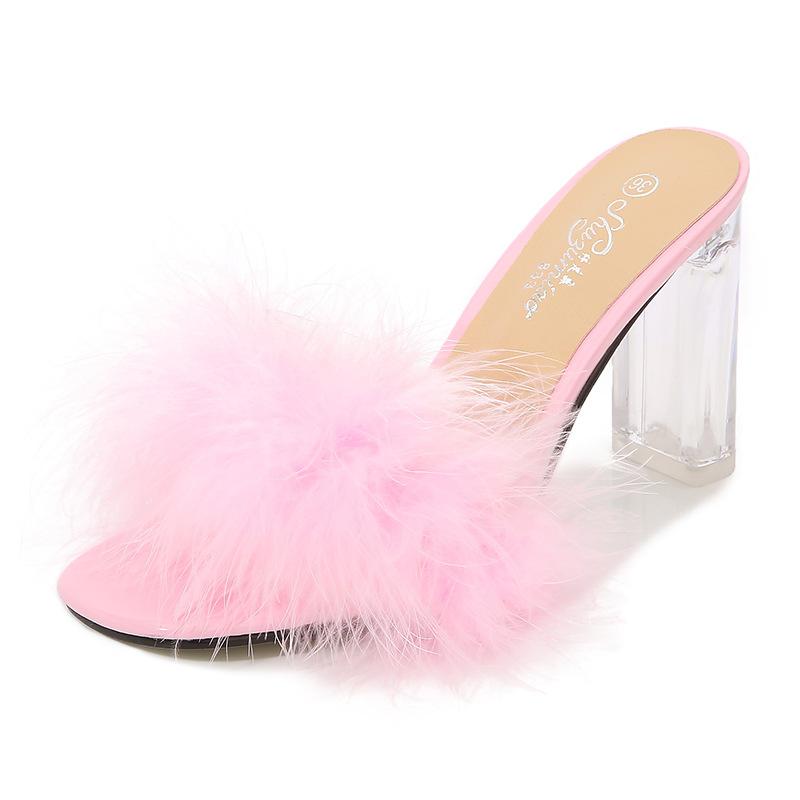 Women Clear Heels Sandals Fluffy Slippers Furry Slides for Women