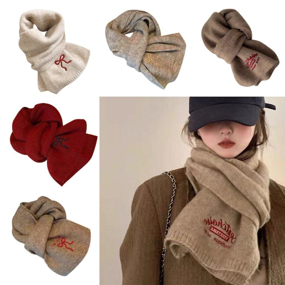 Bow Embroidered Neck Warmer Thicken Knitted Scarf Soft Shawl Outdoor