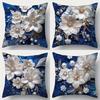 Exquisite  Floral Embellished Blue Pillowcases with Pearls and Crystals Sofa Cushion Cover Home Room Decoration 2D Flat Printing