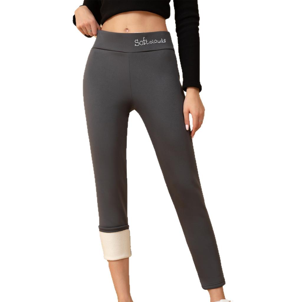 Fleece Lined Thick Sherpa Leggings Women Letter Embroidery Slim Fit Outdoor Wear Ankle Pants Warm Trousers