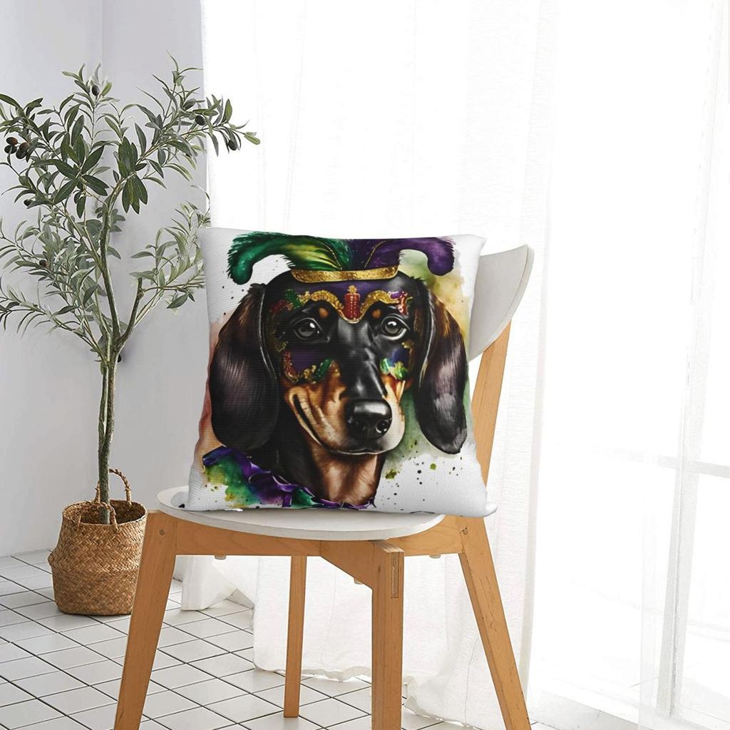 Mardi Gras Cutie Dachshund Pillowcase Polyester Cushion Cover Decoration Throw Pillow Case Cover Home Zipper 40X40cm