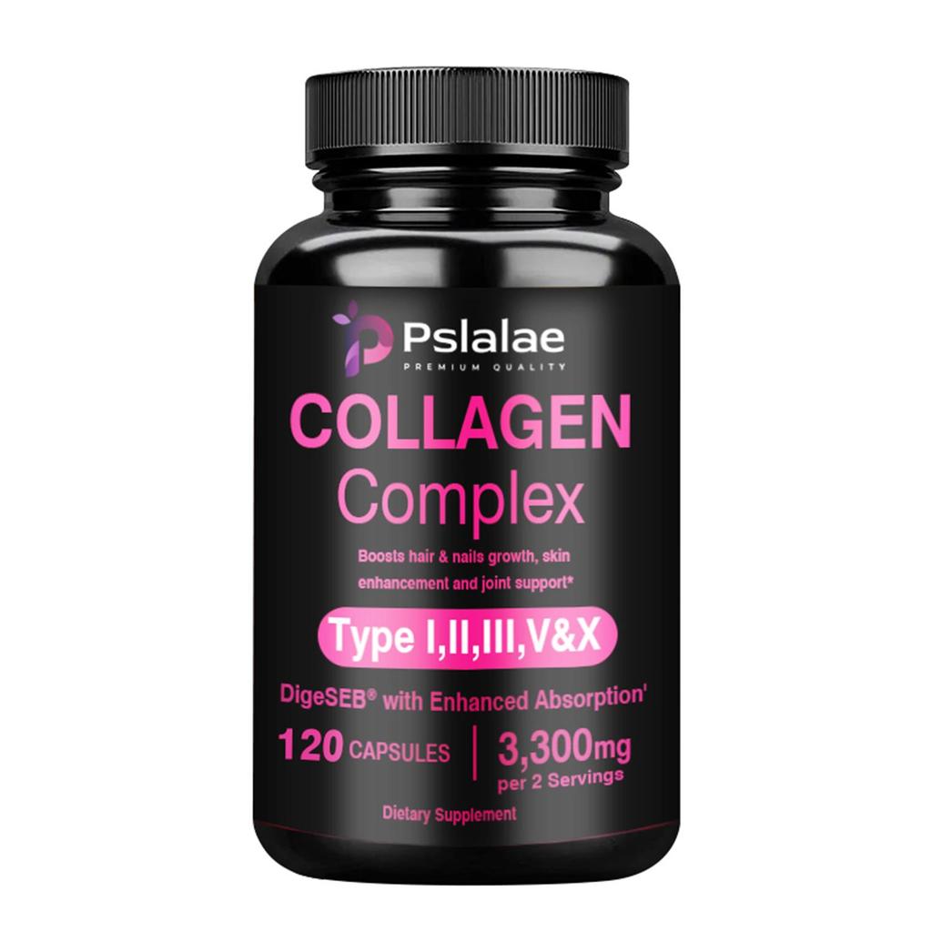 Collagen complex capsules containing hydrolyzed fish collagen peptides, 3300 mg, dietary supplement, suitable for adults.