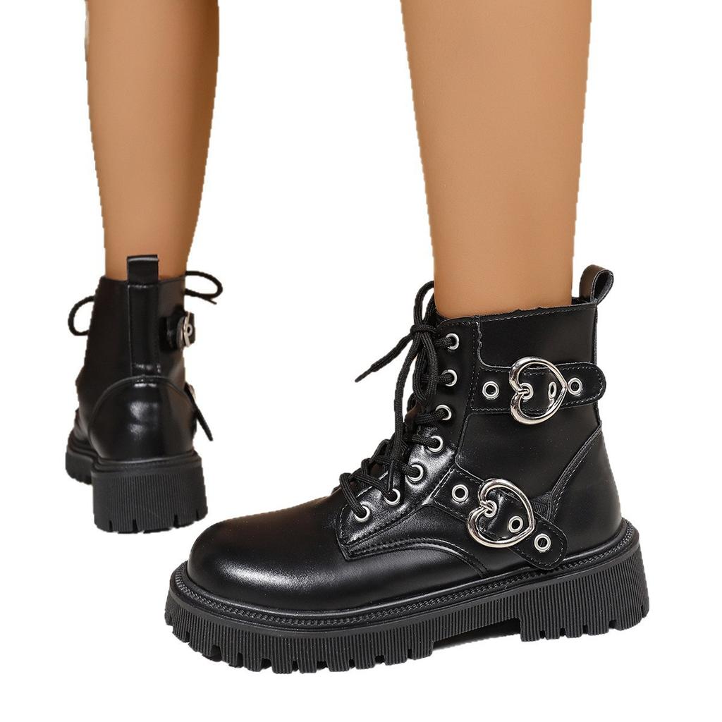 Новые ботинки на осень-зиму 2026 года, с круглым носком, на толстом каблуке, в британском стиле, стильные, с металлической пряжкой, на шнуровке, для женщин