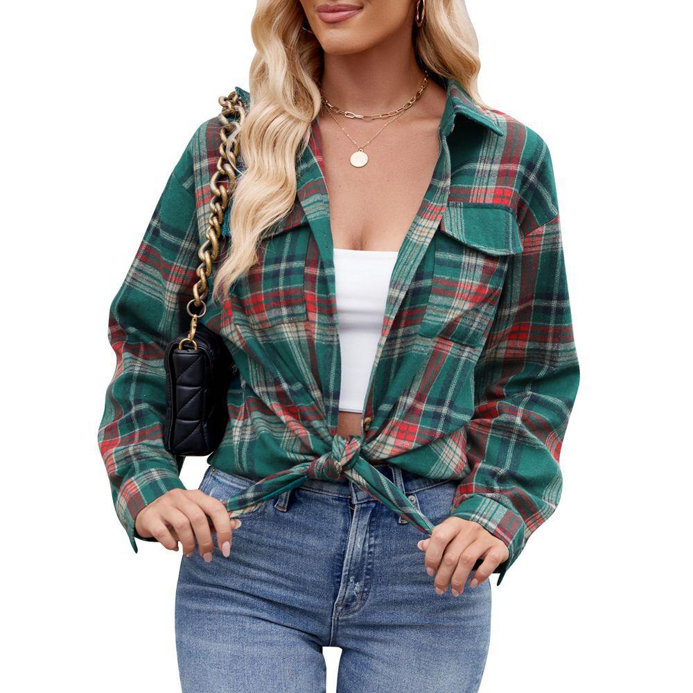 Autumn and Winter Casual Fashion Loose Plaid Pocket Women's Blouses & Shirts