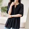 Стильная плиссированная блузка с контрастными вставками, женская одежда, однотонная, повседневная, с коротким рукавом, летняя, с вырезами, элегантная рубашка с V-образным вырезом