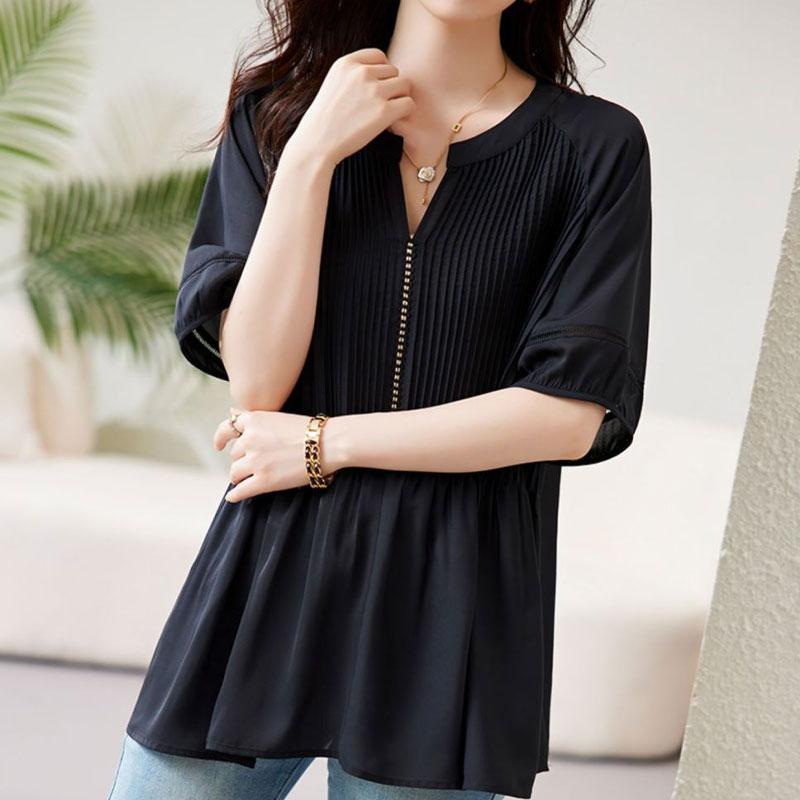 Стильная плиссированная блузка с контрастными вставками, женская одежда, однотонная, повседневная, с коротким рукавом, летняя, с вырезами, элегантная рубашка с V-образным вырезом