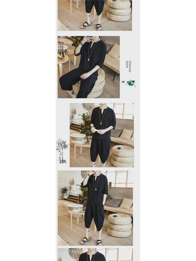 Men's Linen Cotton T-Shirt and Shorts Set - Large, Loose Fit, Short-Sleeved, Casual Summer Wear