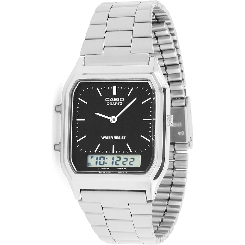 Мужские аналогово-цифровые часы Casio AQ-230A-1DMQYES Черный ремешок из нержавеющей стали
