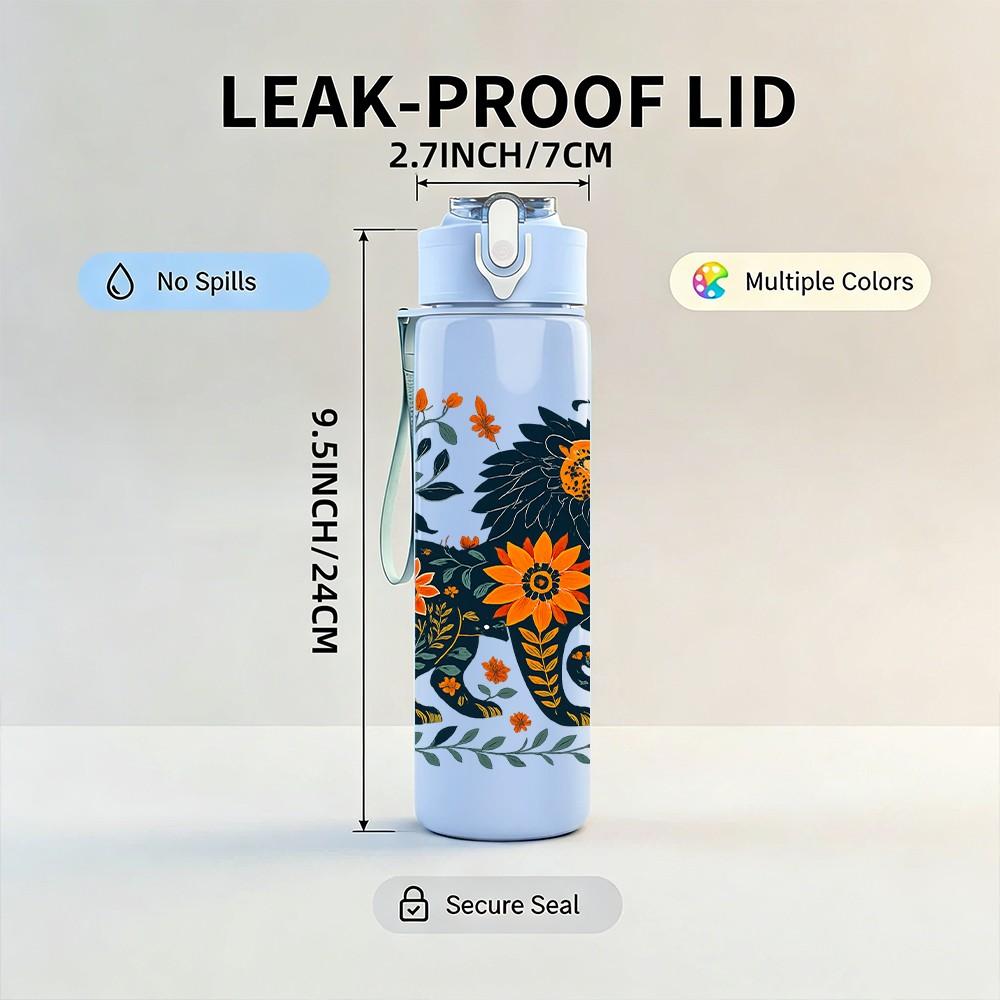 1PC Floral Lion Pattern 750ml Color Plastic Sports Water Bottle Leakproof Flip Straw Lid Suitable for Sports Office Home Use