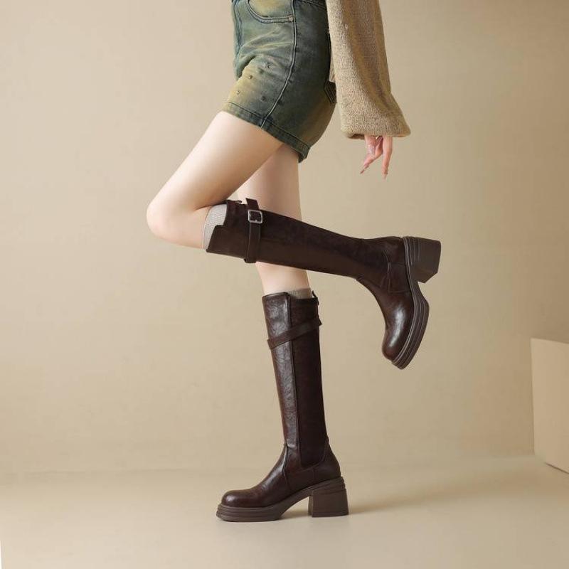 Новые женские ботинки Мартина на толстой подошве с задней молнией, однотонные, с круглым носком, на высоком каблуке, больших размеров, кожаные ботинки, осенне-зимние, на квадратном каблуке, высокие