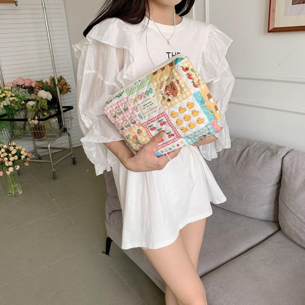Cotton Cosmetic Clutches Bag Soft Flowers Bear Tulips Makeup Toiletry Organizer Cute Large Capatity Hand Clutch Make Up Pouch