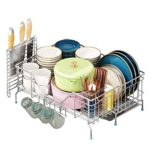 Kaderron Sliding Telescopic Dish Drainer with Chopstick Rest, Knife Holder, and 3-Row Glass Holder, 21-37cm Wide X 47cm Deep, Space-Saving, Stainless