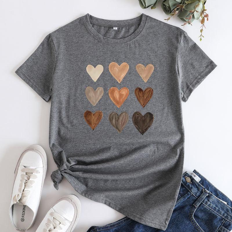 Women's Heart Print Crew Neck Loose Short Sleeve Sports Casual Top For Summer