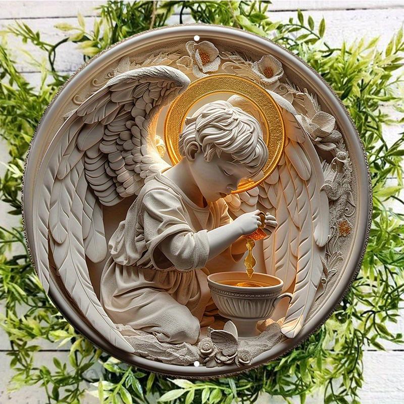 Маленький ангел-мальчик круглый деревянный настенный знак, устойчивый к царапинам, наружное и внутреннее украшение, настенное искусство, домашний декор