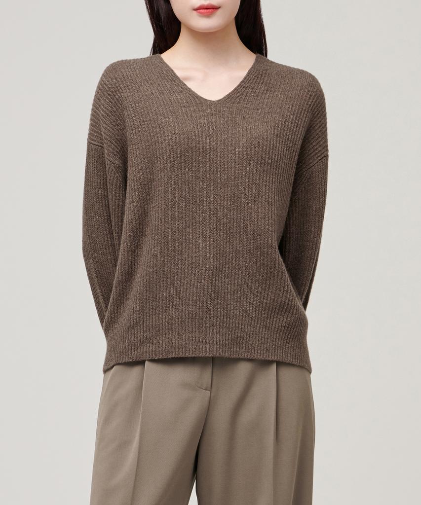 MUSINSA STANDARD WOMAN Women'S Lambswool Ribbed V-Neck Knit [Heather Brown]