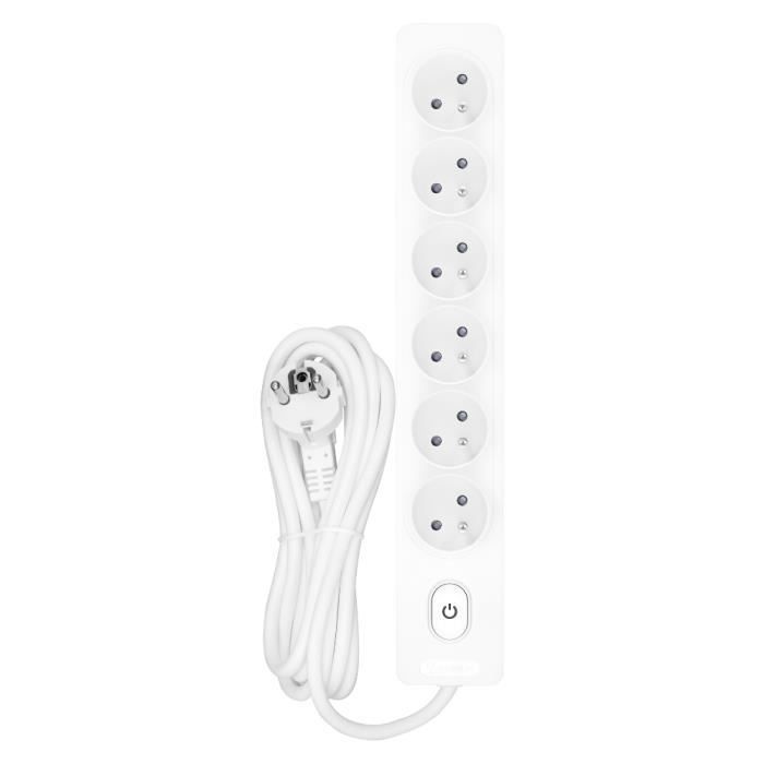 Multiprise SELDUR G6FA22B, 6 prises type E + interrupteur à voyant, Blanc, câble 2m