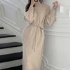 Autumn Winter Lady Dress Knitted High Collar Neck Protection with Belt Long Lantern