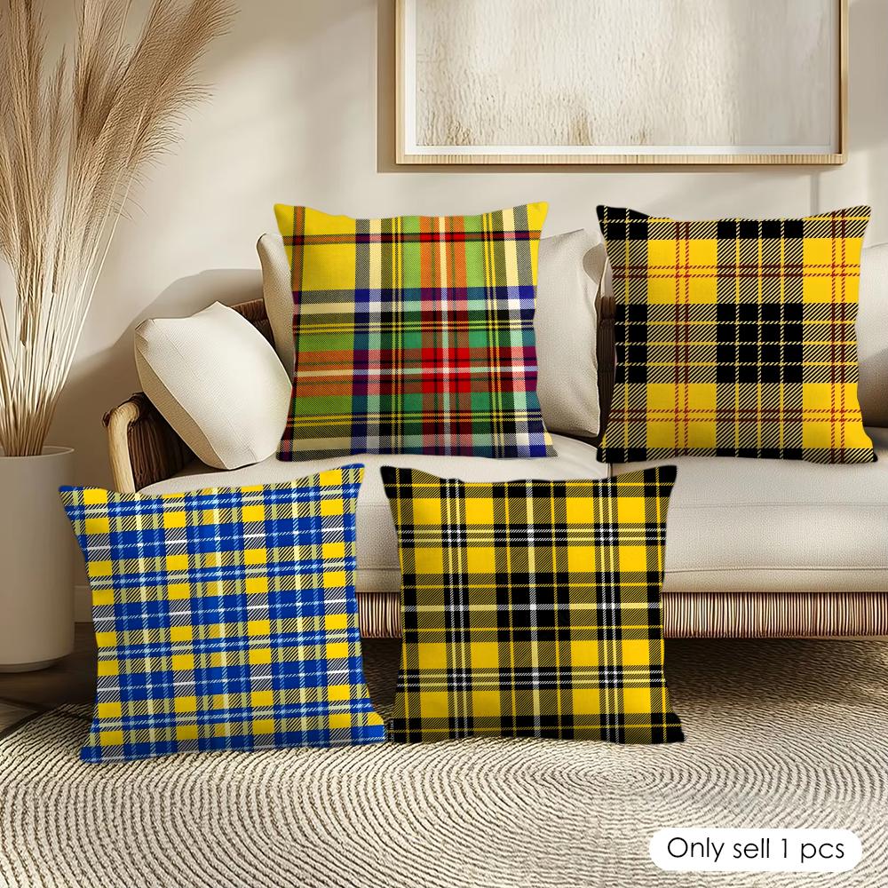 Yellow Checkered Cushion Cover Pillowcase Ultra Soft Skin Friendly Fabric Cloud Like Comfort Concealed Zipper