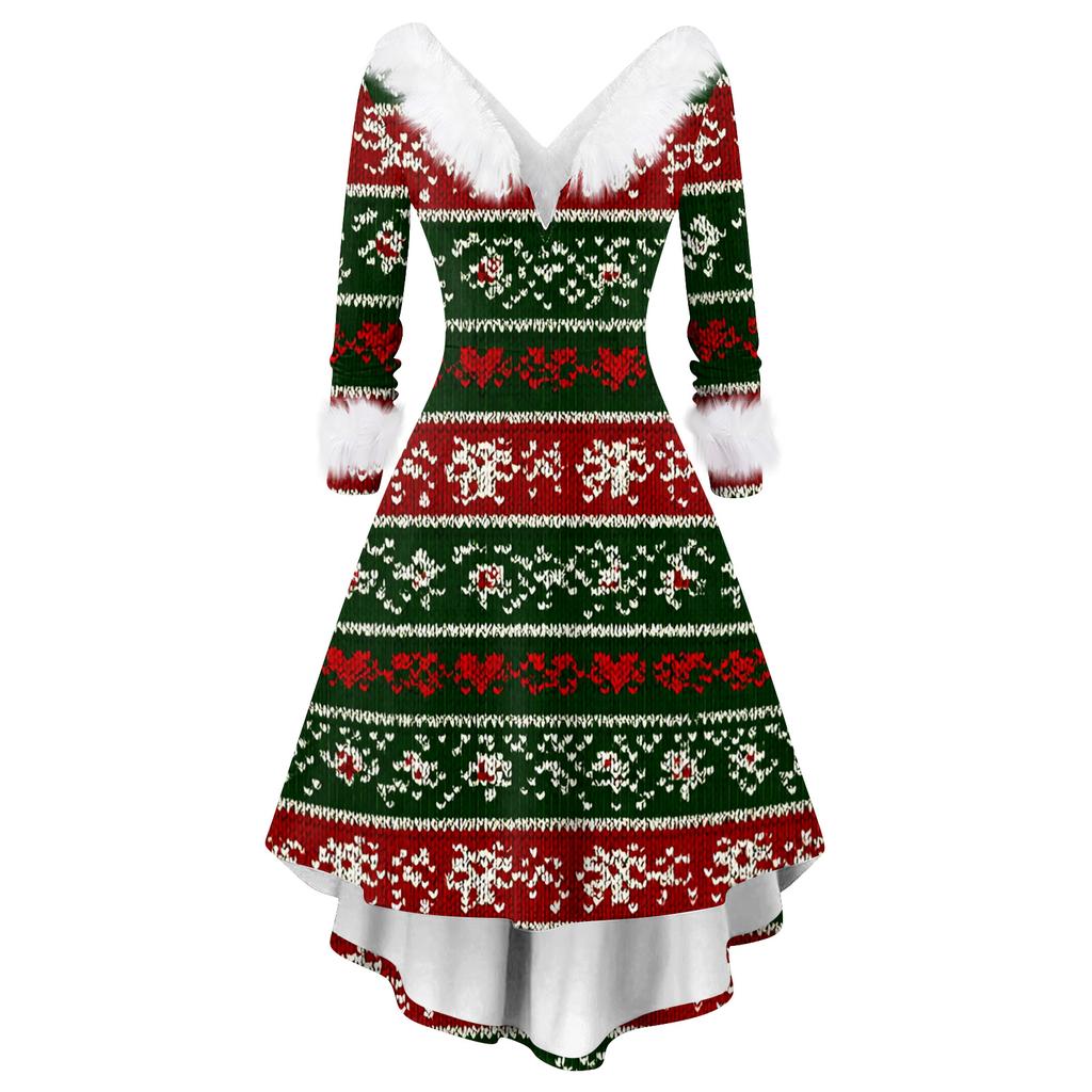 Women's Fashion Casual V-Neck Christmas Print Long Sleeve Dress