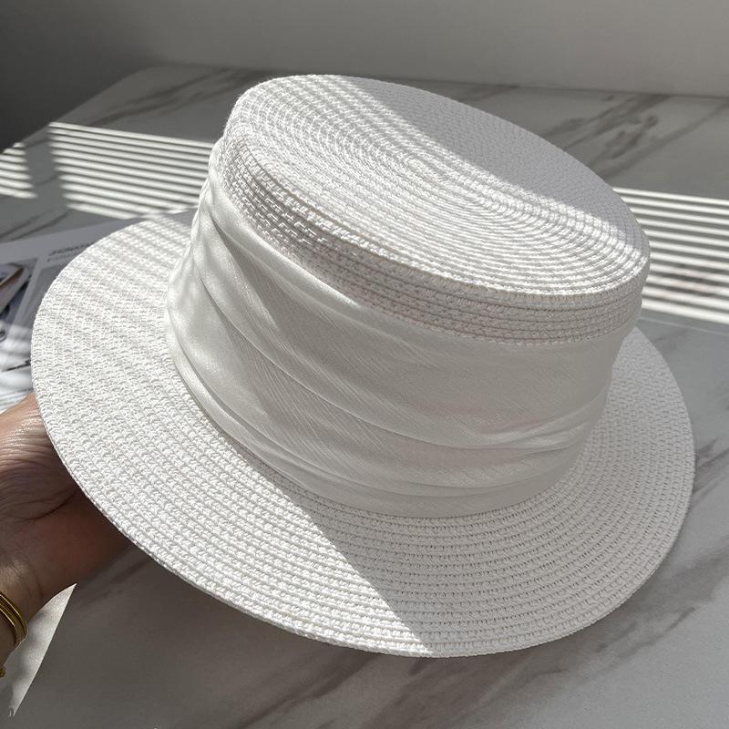 French pleated flat top straw hat women's spring summer seaside vacation straw hat sunshade sunscreen fashion travel flat top hat