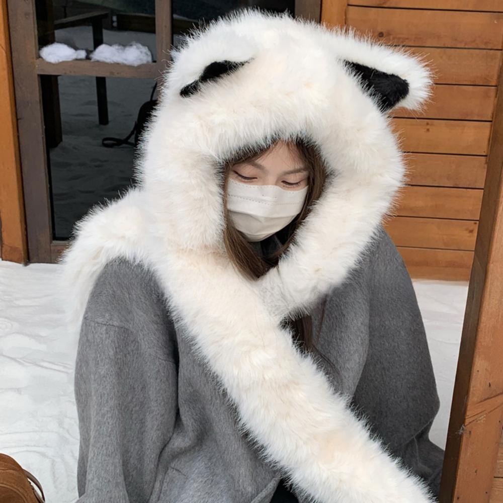 Thicken Integrated Cap Scarf Soft Fluffy Neck Warm Hat Cute Hooded Scarf Skiing