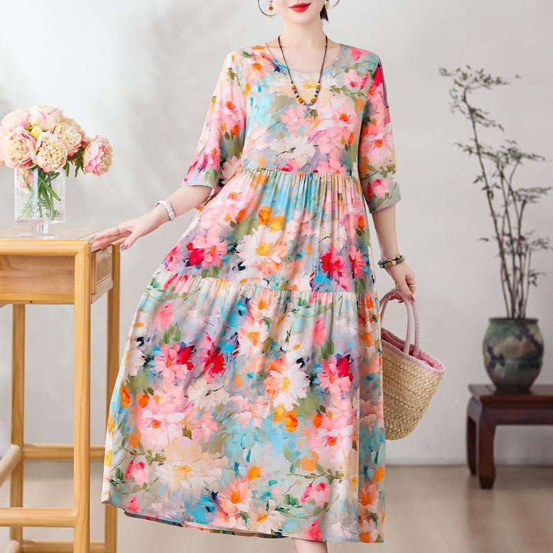 Большие размеры Повседневные женские платья Летняя винтажная одежда с короткими рукавами Элегантное длинное платье