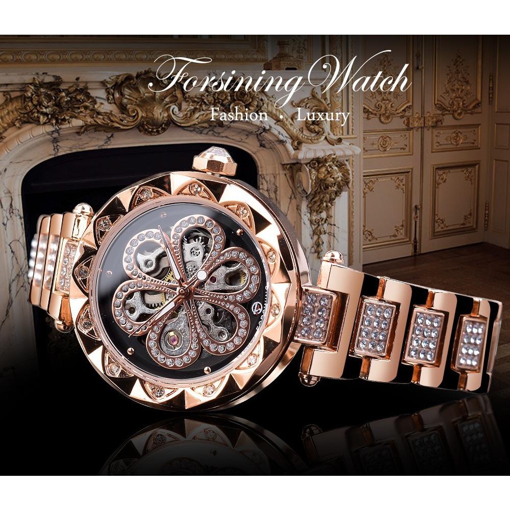 Forsining Ladies Fashion Leisure Rhinestone Hollow Mechanical Waterproof Automatic Mechanical Watch GMT1169-8-A