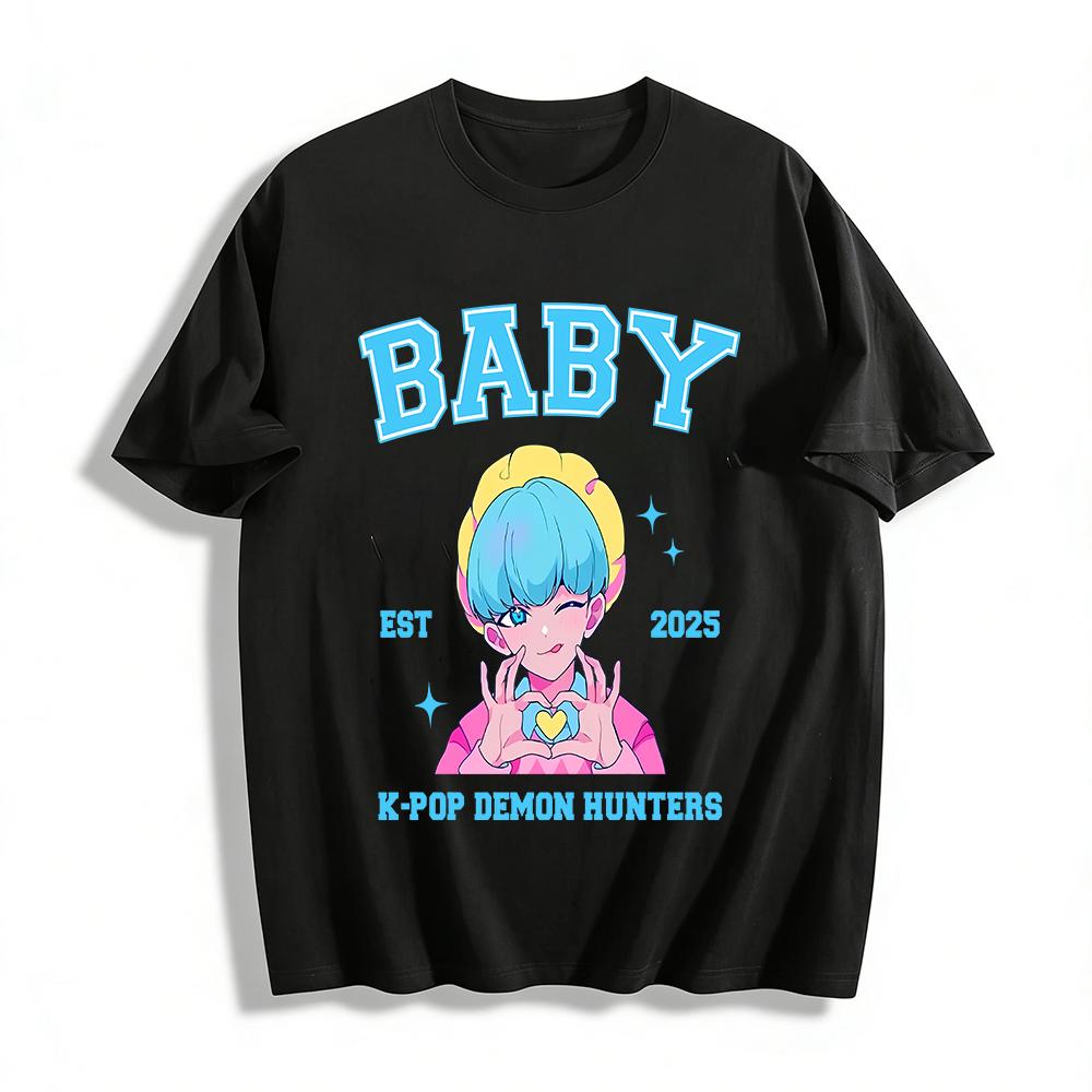 2025 Новая серия BABY K-POP Охотники на демонов Тематический жест «Сердце» Аниме-стиль Модный принт Топ Хлопковая футболка