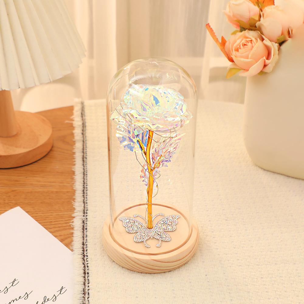 Gold foil flower glass cover with lamp, butterfly rhinestone rose lamp, Mother's Day Valentine's Day gift.